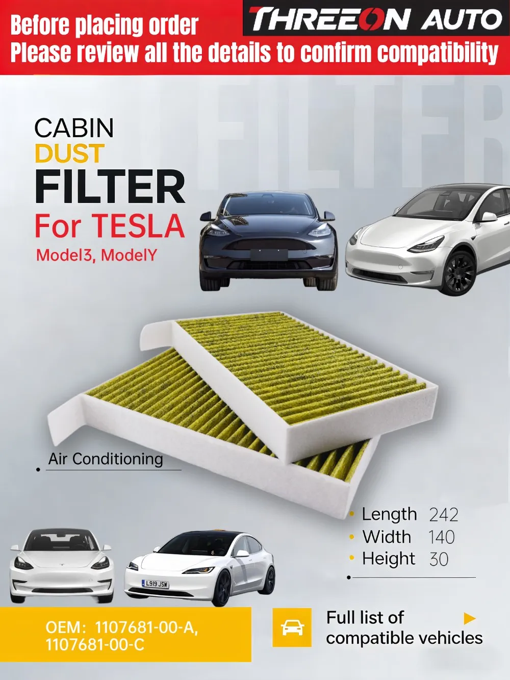 

For TESLA Model 3 Model Y Air Conditioner Filter HEPA Electrostatic Cotton 2 Pcs/Set WESTGUARD Air Cabin Filter TOC8300-2P