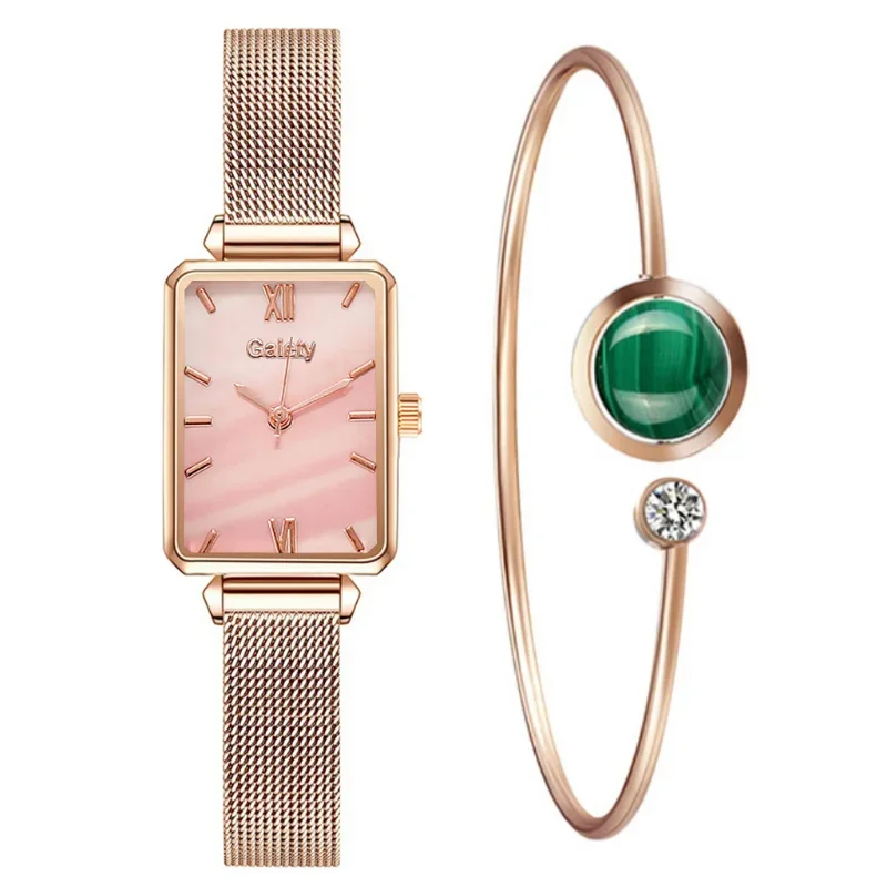 2pcs Set Women Watches Bracelet Set Square Ladies Quartz Watch Bracelet Simple Rose Gold Mesh Luxury Women Wristwatches Reloj