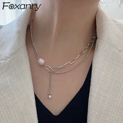 FOXANRY Pearl Necklace Party Jewelry for Women Couple Fashion Simple Tassel Double-layered Clavicle Chain Beach Accessories Gift