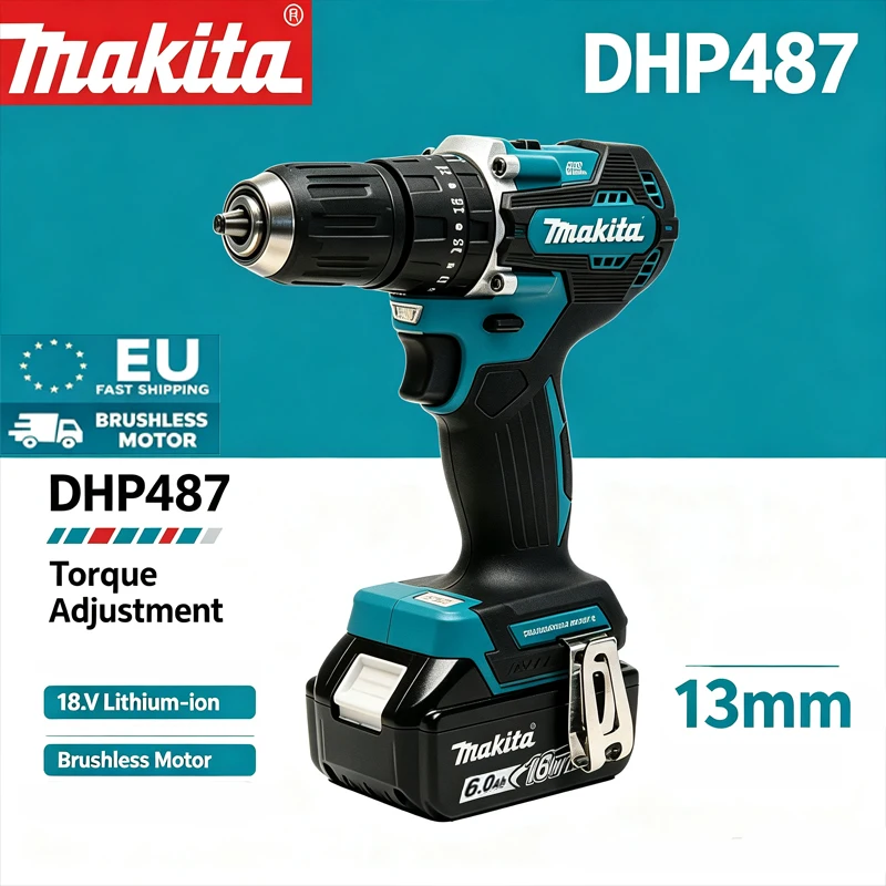 Makita Batteria al litio Makita 18V 6.0Ah, trapano avvitatore a impulsi senza fili DHP487, 40 N.M, 2 velocità, avvitatore a impulsi senza fili, utens