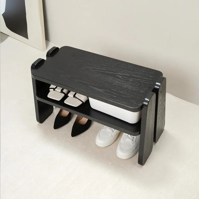 Black Solid Wood Shoe Bench Entryway Storage Ottoman Modern Hallway Seating for Foyer Versatile Shoes Storage Organizer for Home