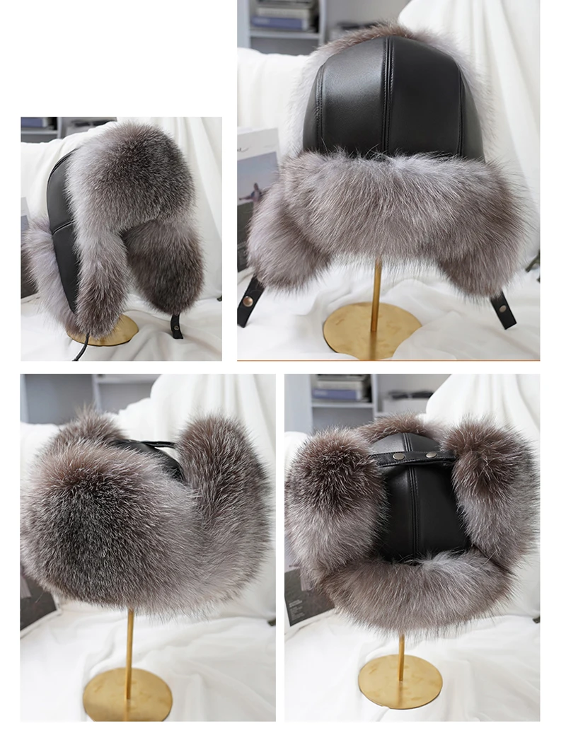 New Winter Men's 100% Real Silver Fox Fur Bomber Hat Raccoon Fur Ushanka Cap Trapper Russian Man Ski Hats Caps Real Leather