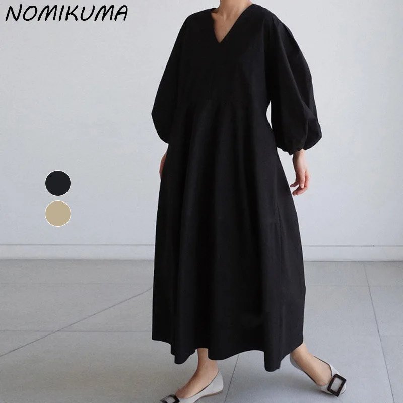 

Японское женское повседневное длинное платье Nomikuma с V-образным вырезом и рукавами-фонариками для женщин, новые модные платья-трапеции, 2024