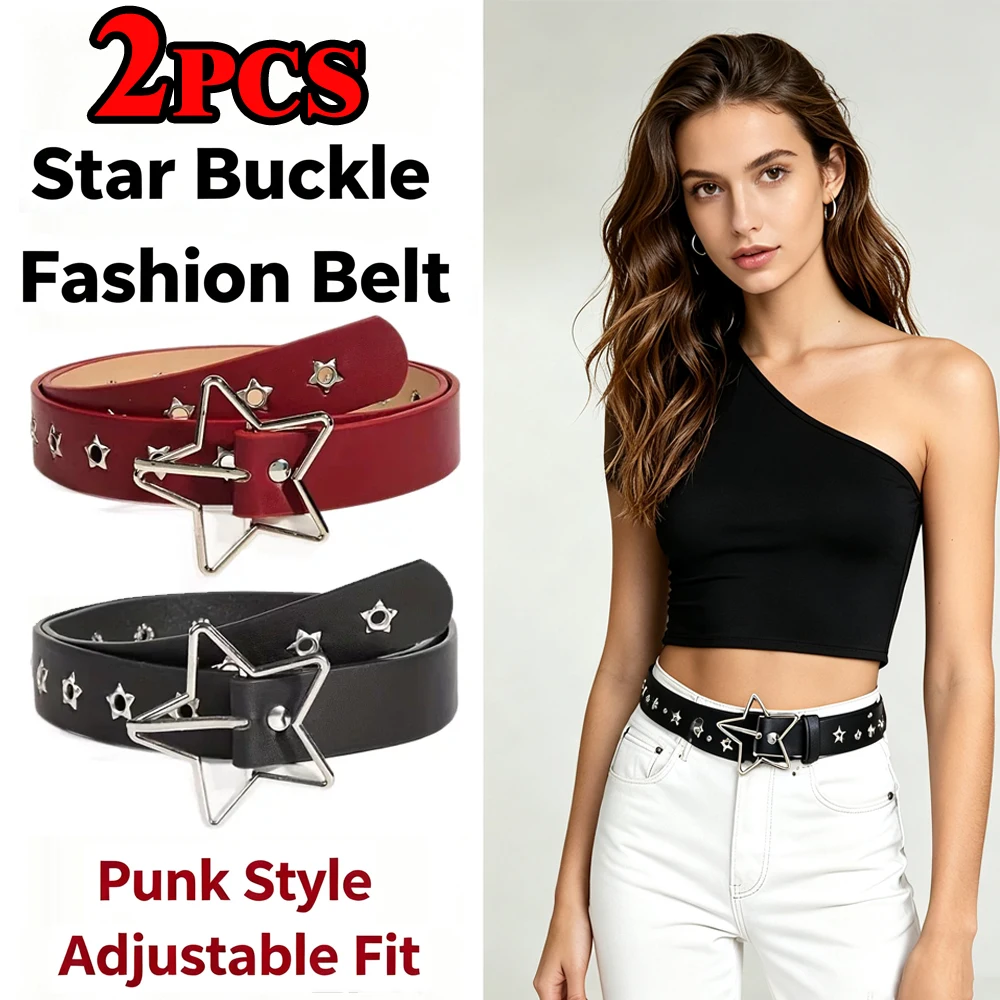 Y2K Punk Star Eyelet Black Rivet Belt Goth Pu Leather Belts for Women Men Jeans Pants Boys Girls Students Belt Double Pin Buckle