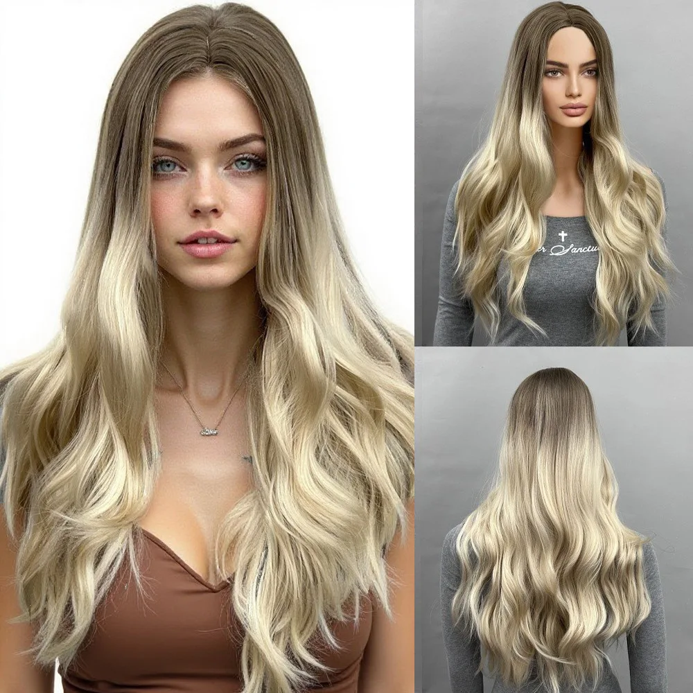 

Golden gradual change medium long hair long wavy curls synthetic chemical fiber heat-resistant wig headgear