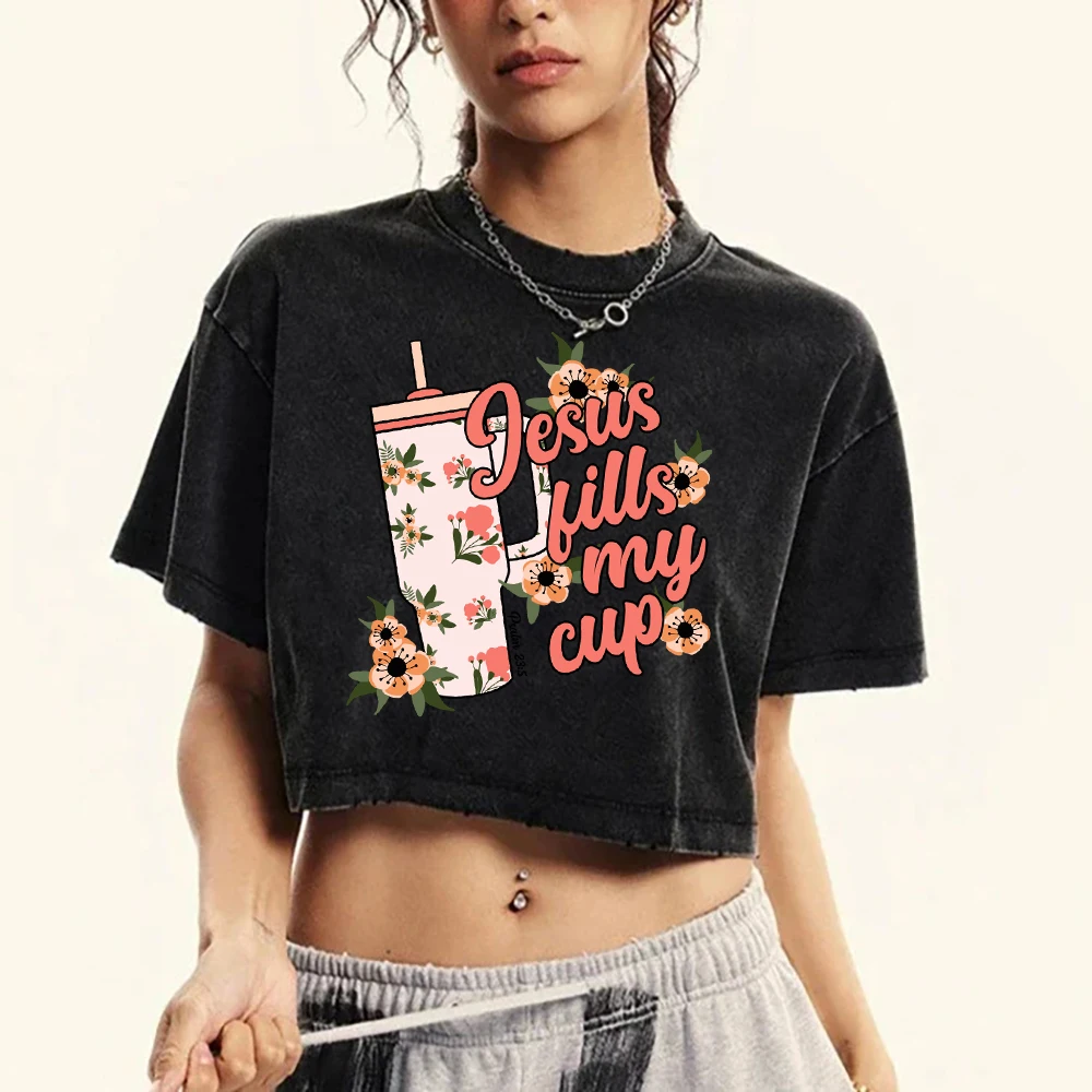 Jesus Large Capacity Cup Printing Washed T Shirt Women Summer Soft Top Trendy Casual Short Sleeve Street Cotton Woman Tee Shirts