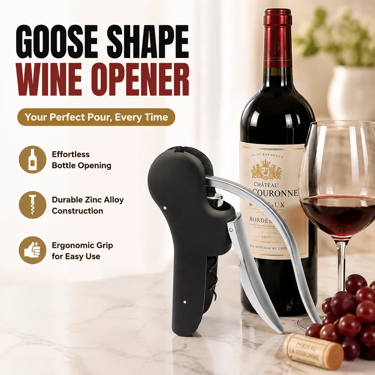 Goose Shape Wine Bottle Opener Zinc Alloy Corkscrew, Easy Manual Waiter Friend, for Bar Restaurant Home Use