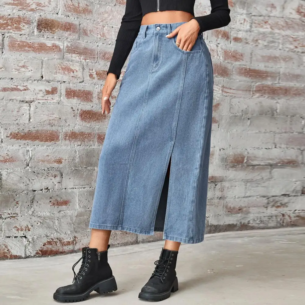 

Solid Color Skirt High-waisted Maxi Skirt Stylish Denim Midi Skirt with Side Slit Design Pockets for Women Retro for Outfits