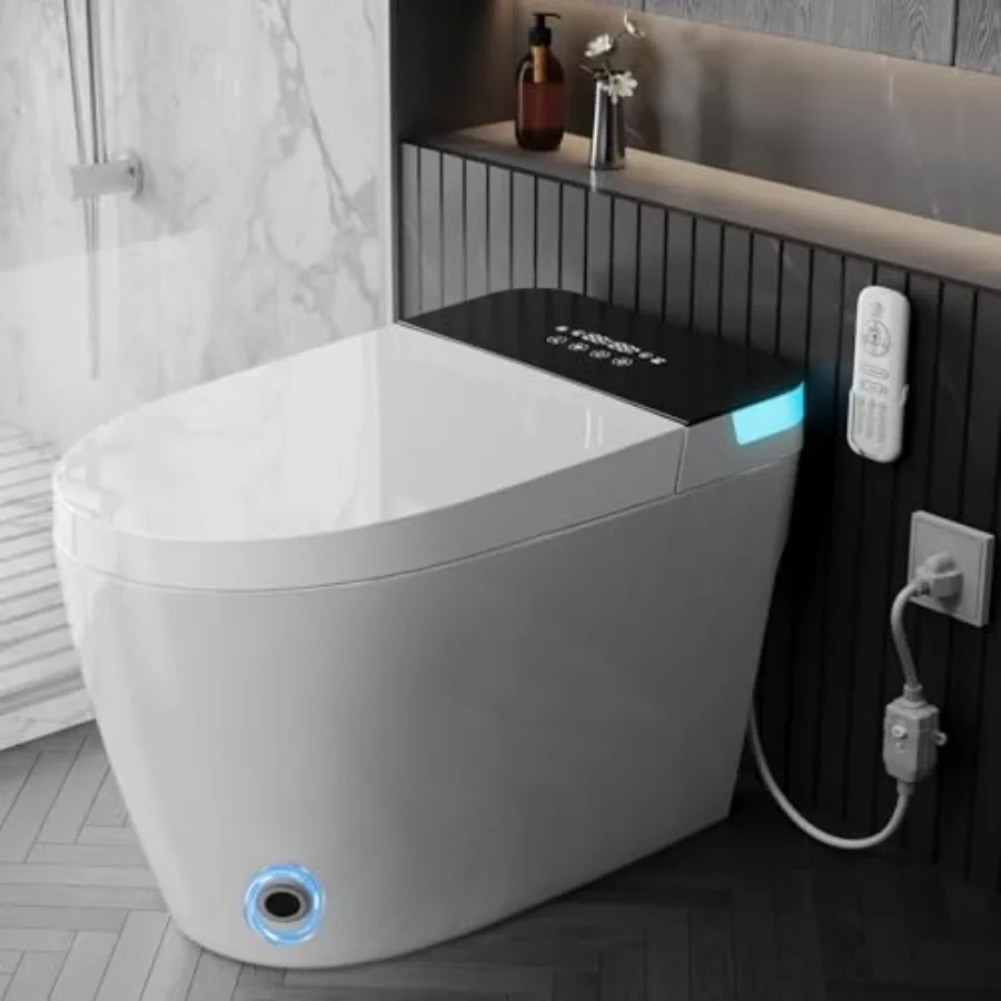 

Bathroom smart toilet with heated seat, warm water sprayer, dryer, auto flush/close, remote control, white ceramic, luxury home