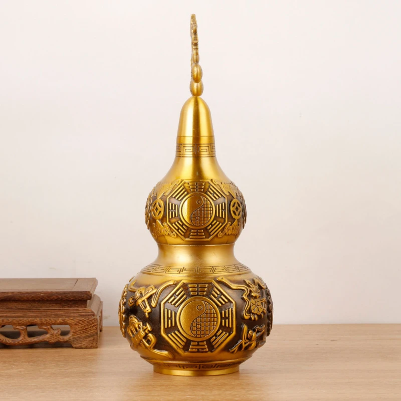 with Bagua , hollow gourd ornament for indoor tabletop, Eight Immortals design, openable cover, brass fortune