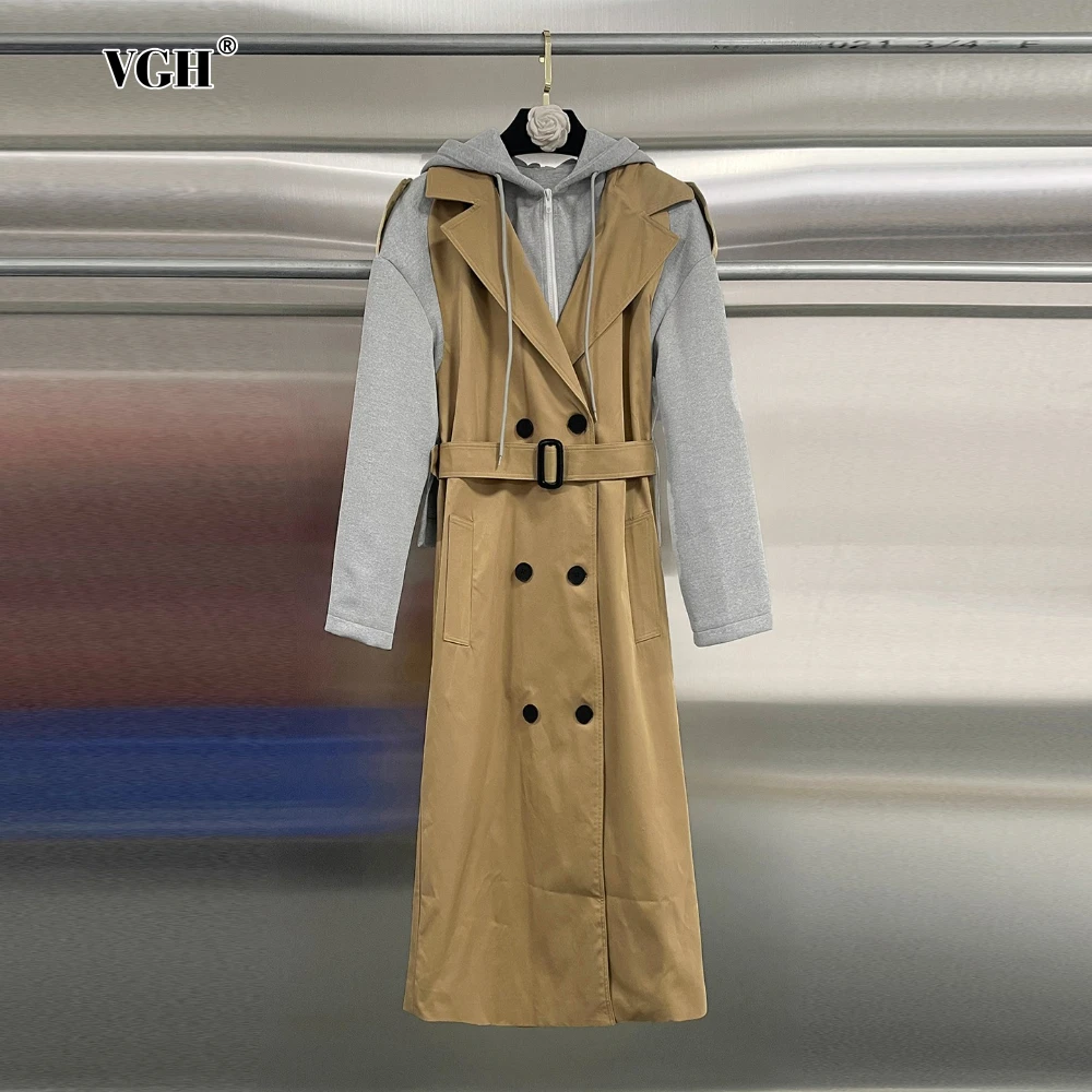 

VGH Hit Color Basics Лоскутное пальто средней длины на шнуровке для женщин с капюшоном и длинными рукавами Лоскутное двубортное пальто женское новое