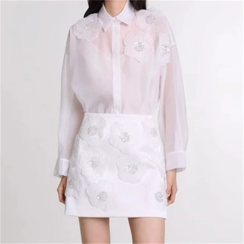 

women's blouses trend 2024 autumn new Sequin flower embroidery long sleeved shirt Half perspective Two piece Women's shirt set