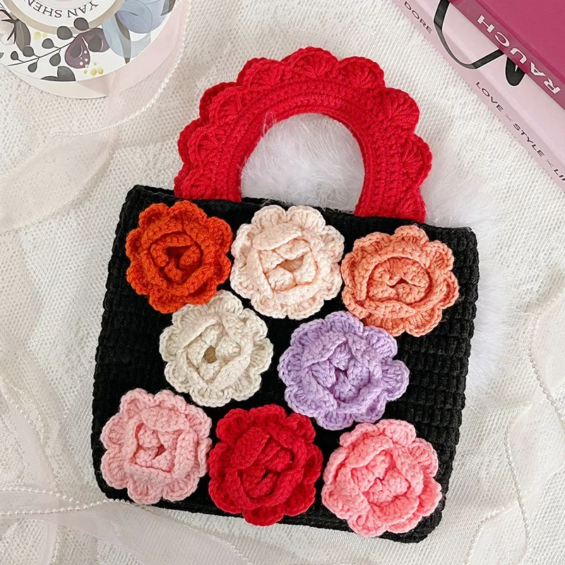 DIY Hand-woven Rose Retro Bag Wool Crochet Horizontal Style Square Open Lady Handbag