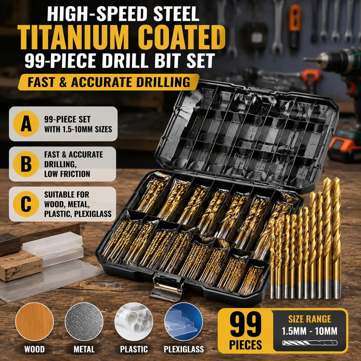 99Pcs Titanium Coated High Speed Steel Twist Drill Bit Set Multipurpose Professional Hole Opener for Metal Wood Plastic Steel Plate Copper Alloy Woodworking Tools Kit Heavy Duty Industrial Drilling Accessories