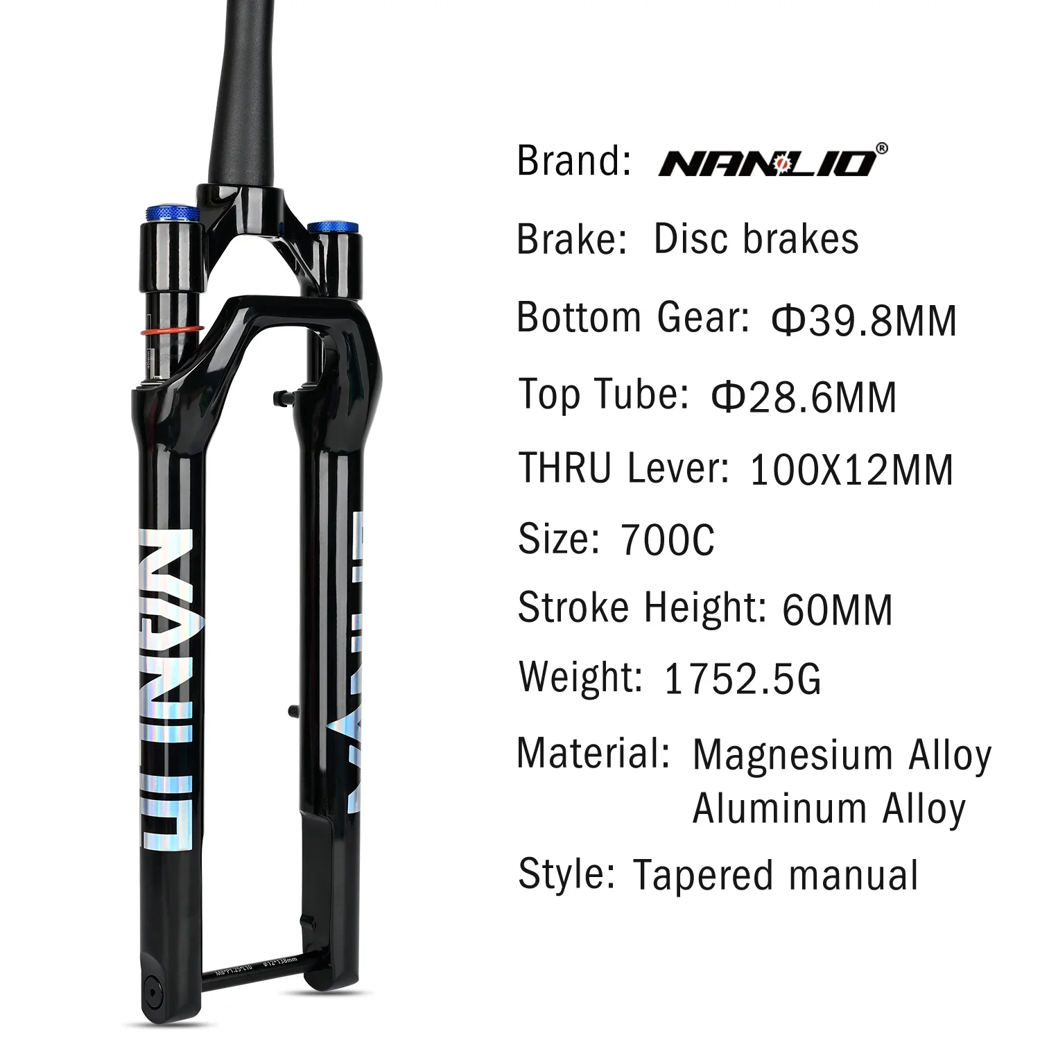 Nanlio Bicycle Suspension Fork 700C, 45mm Offset, 60mm Travel Gravel Bicycle, Tapered 100x12mm, Thru Axle Disc, Road Bike