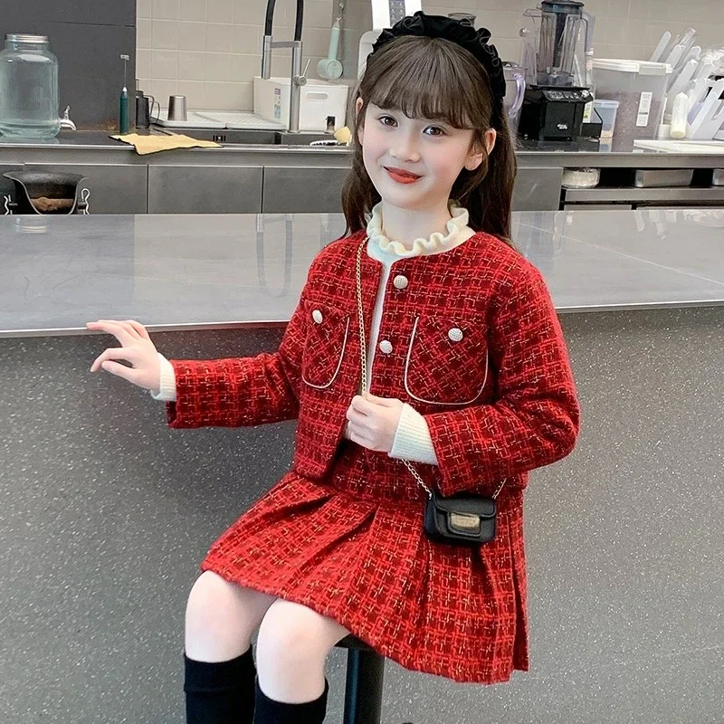 

Шикарные новогодние красные комплекты юбок для девочек-подростков, плотная хлопковая куртка + плиссированная юбка, 2 предмета, рождественская одежда для маленьких детей, костюм, детская одежда