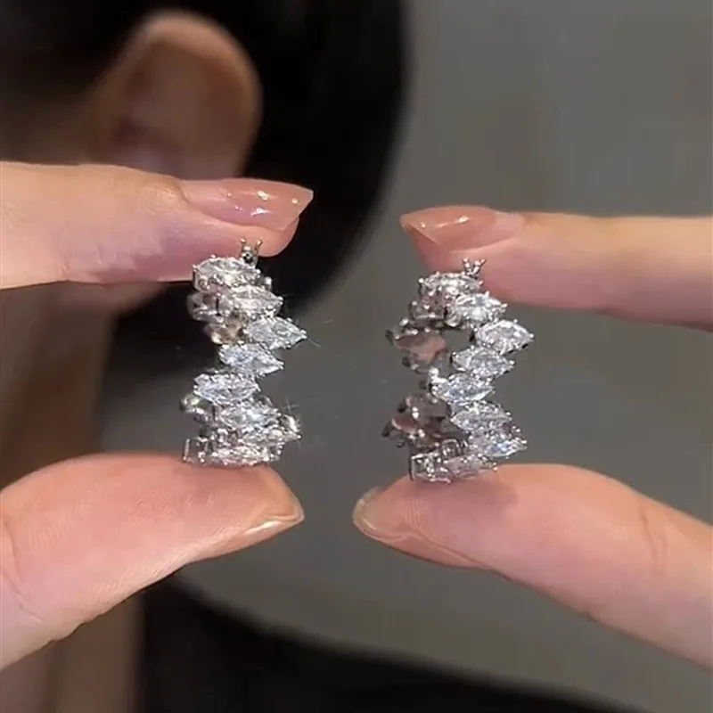 Marquise Cut White Zircon Horse Eye Stone Hoop Earrings For Women Silver Color Luxury Crystal Bridal Wedding Ear Buckle Jewelry