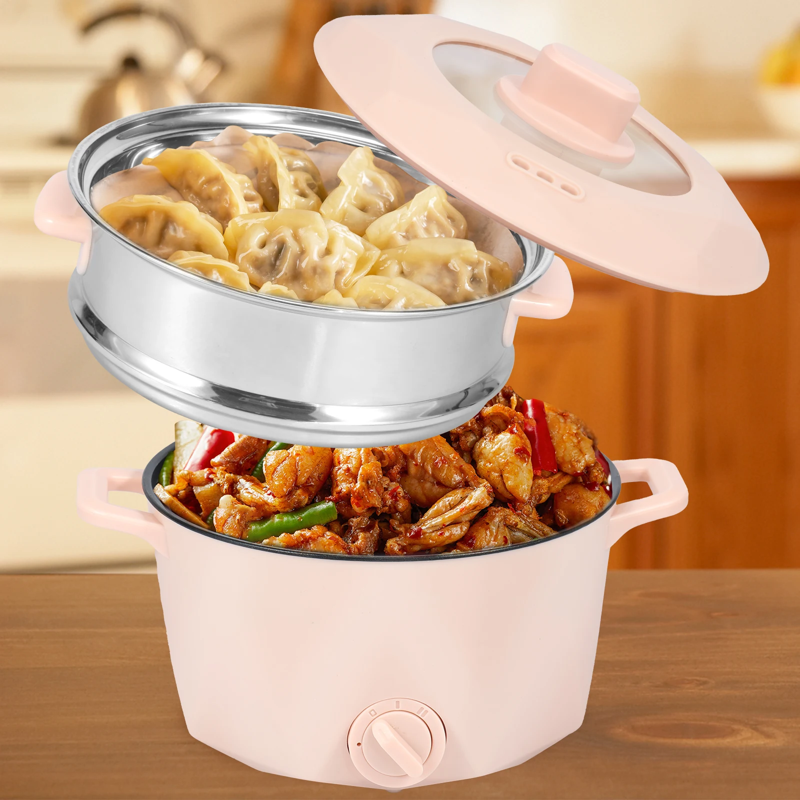 

220V Electric Cooker Double Layer 2L Electric Pot with Steamer Dormitory Mini Cooking Pot Hot Pot Stir Frying Rapid CookSoup Pan
