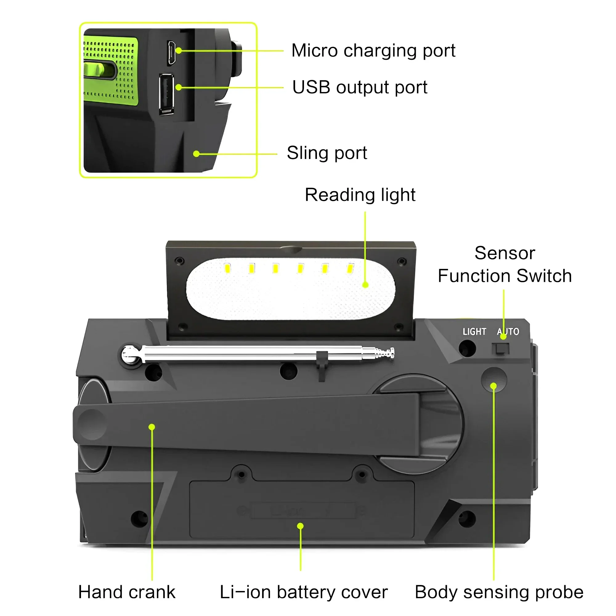 Disaster Prevention Emergency Flashlight Radio Solar Hand Crank Rechargeable Rechargeable Multifunctional LED Reading Light Radi