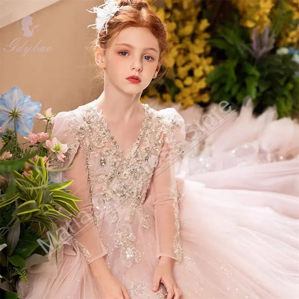 

Пастельно-розовые платья для девочек-цветочниц по индивидуальному заказу с бисером, кружевное многослойное тюлевое детское платье для первого причастия