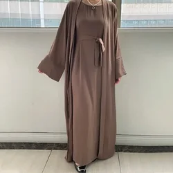 2 Piece Women Muslim Maxi Abaya Dress Loose Long Sleeves Soild Color Dubai Turkey Islam Clothes Caftan Robe Modest Gown Elegance