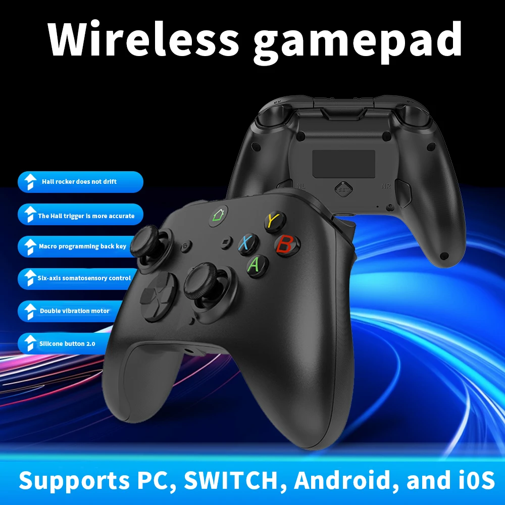 Hall Joystick BT wireless game controller for PC/switch/ios/ps3/Android Double vibration Gamepad Joystick with 2 Customized Keys