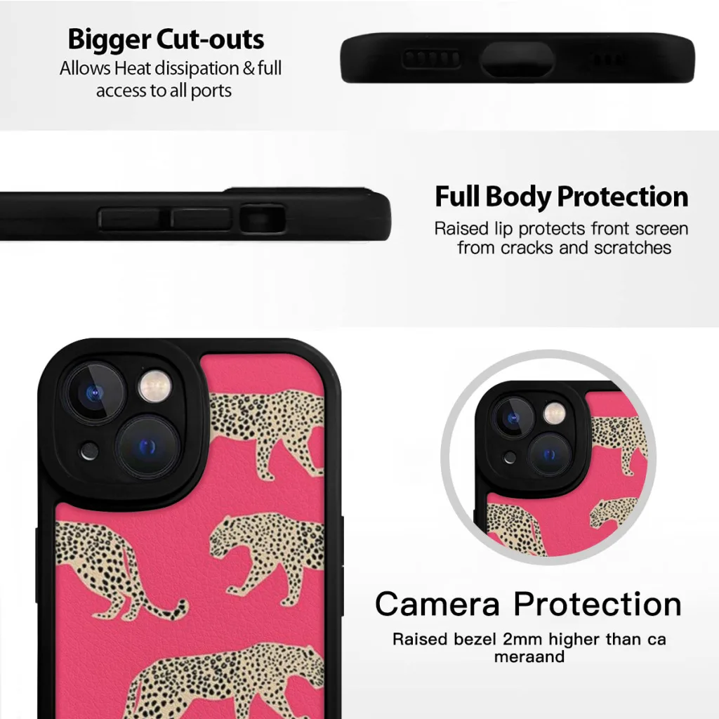 Pink Leaping Leopard Phone Case For iPhone 15 Pro Max Plus Soft  Silicone Cover