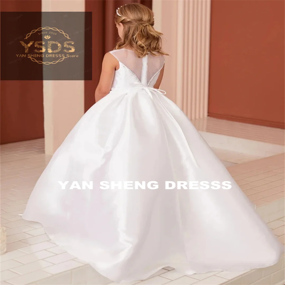 Customized Flower Girl Dresses White Satin Diamond Neck With Bow And Tailing Sleeveless For Wedding Birthday Party Banquet Princ