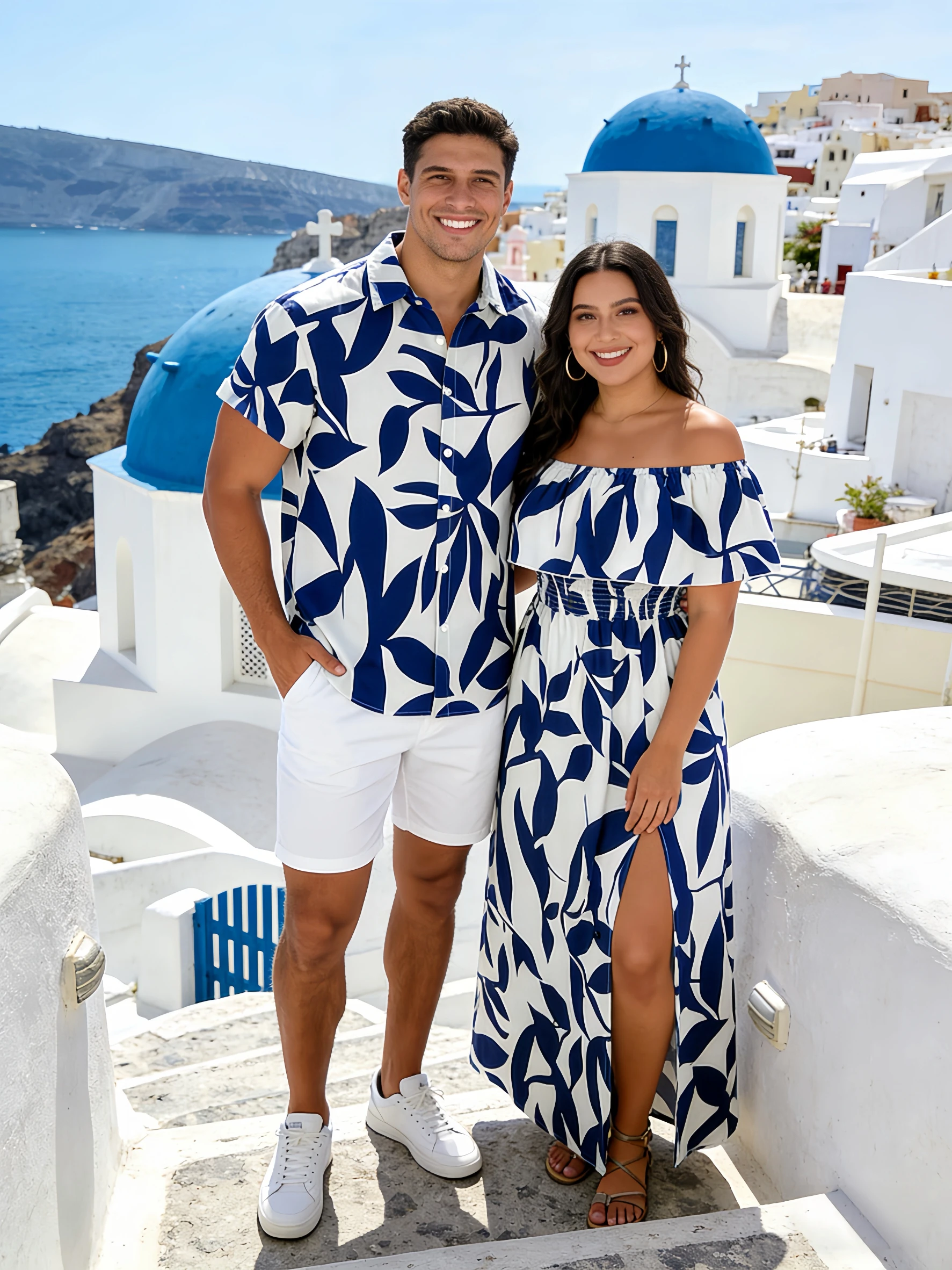 Dressfo Couple Matching Vacation Outfit Leaf Patten Off the Shoulder Slit Dress and Roll Up Sleeve Button Up Shirt Set