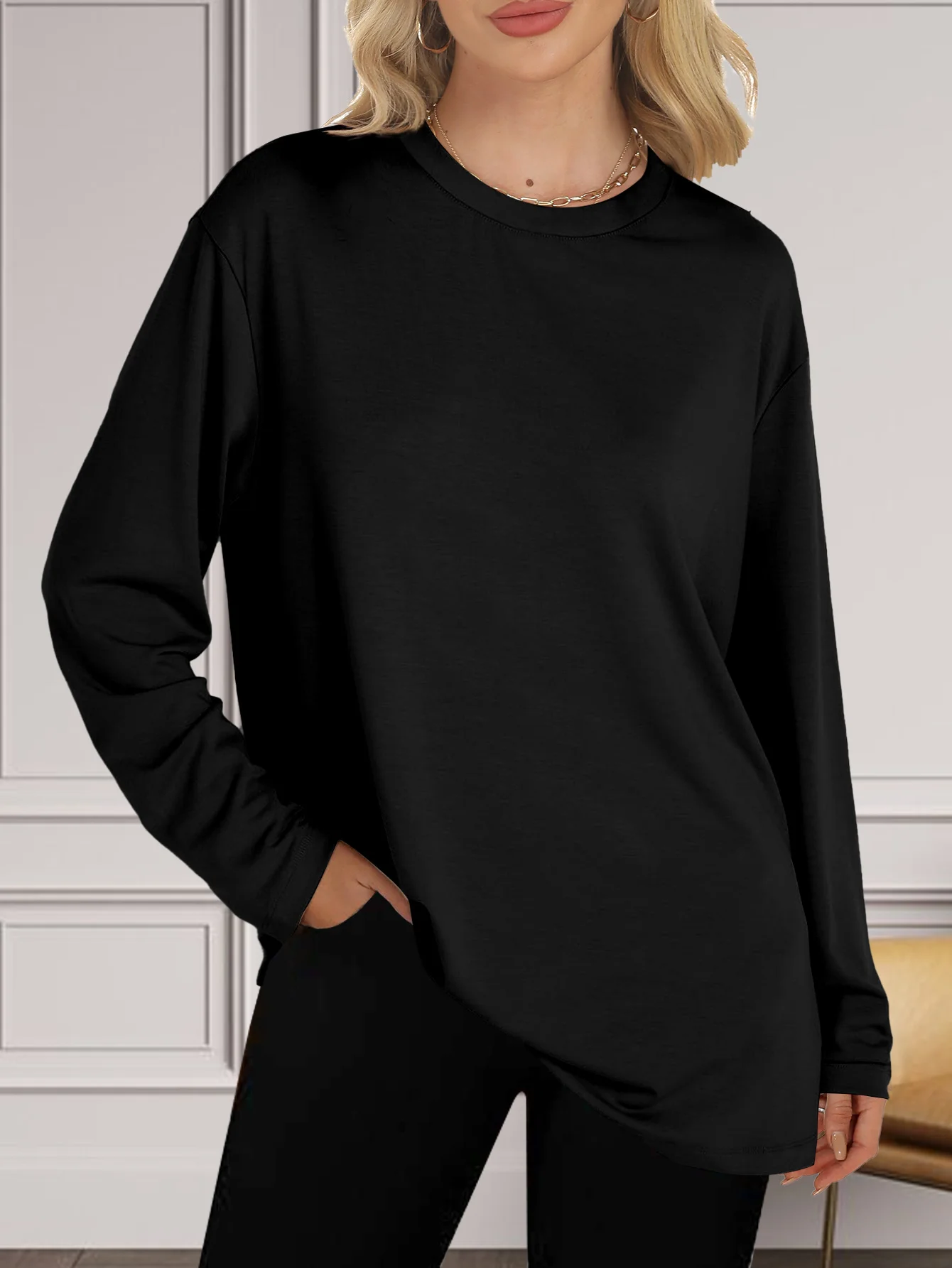 Ladies' Loose Solid Color Multifunctional Spring and Autumn Season Long Sleeved Round Neck T-shirt Long Sleeved