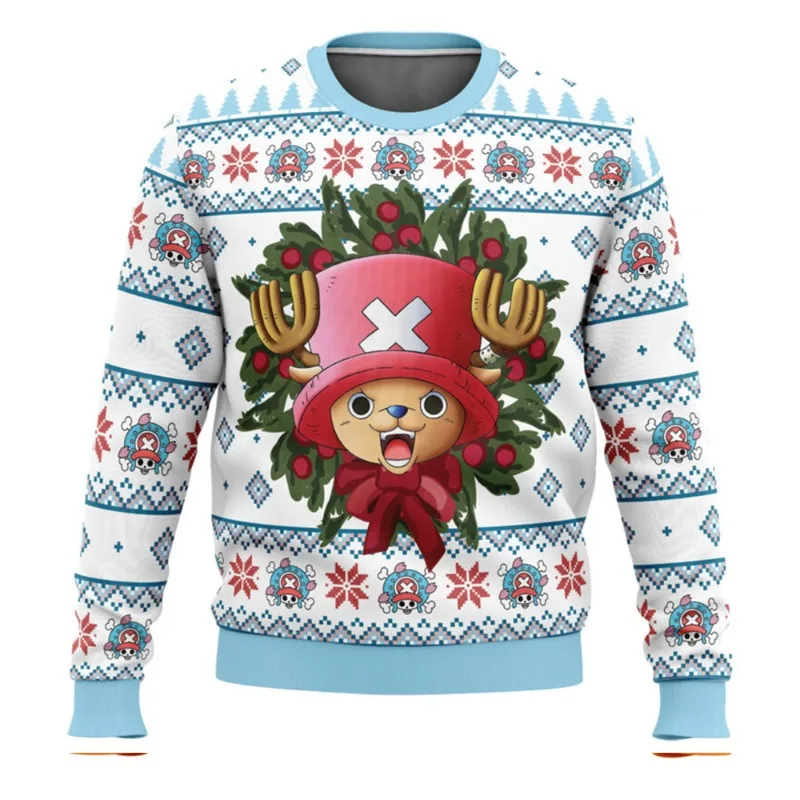 Une pièce Luffy hiver série de noël lame col rond sweat à capuche imprimé Imitation pull tricoté décoratif nécessaire quotidien