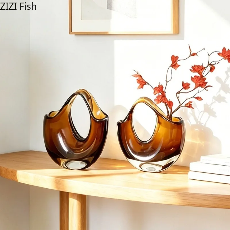 Handbag Shaped Amber Glass Vase Creative Art Flower Utensils Flower Arrangement Decorative Vases Hydroponic Vases Floral Vase