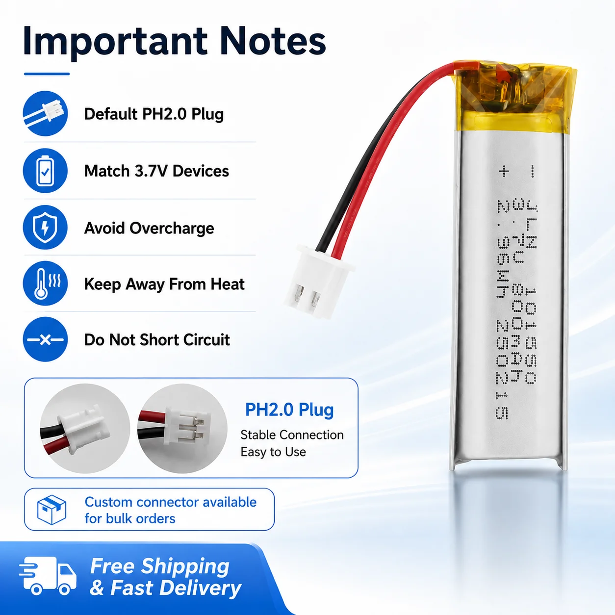 3.7V 800mAh Rechargeable Li-Po Battery 101550 with PH2.0 Connector for LED Lights Toys Audio Devices Replacement Battery - view 5