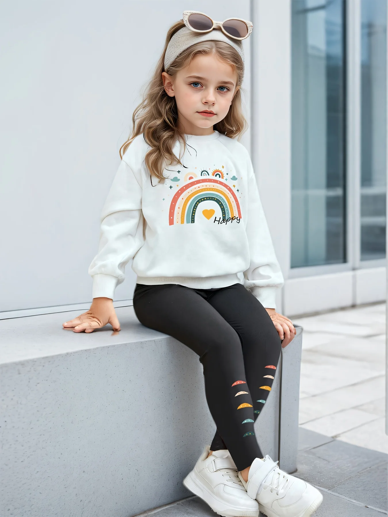Children's Clothing Girls' 2-Piece Set Rainbow Print Long-Sleeve Sweatshirt and Leggings Winter/Autumn Outfit Heart and Cloud Versatile Set