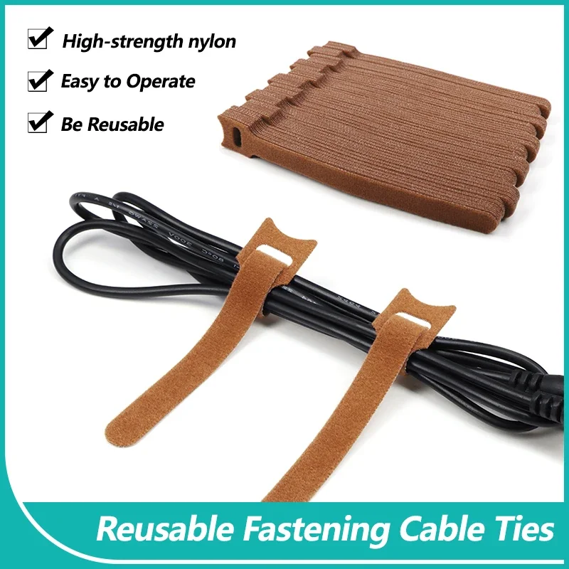 Brown Reusable Fastening Cable Ties Mouse Phone Accessories Wire Management Releasable Nylon Cable Loop Hoop Straps T-type Tie