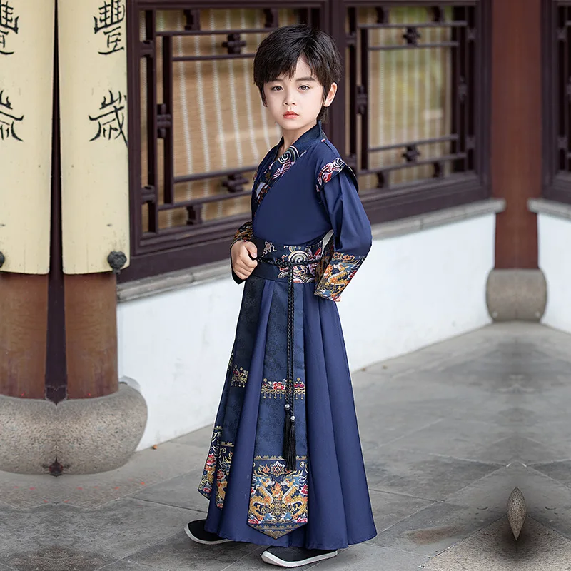 Navy Blue Chinese Children Dance Costumes for Boys Traditional Kids Dragon Embroidery Hanfu Stage Performance Tang Suit