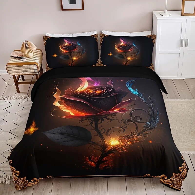 

Elegant Gothic Golden Rose Floral Print Bedding Set Vibrant Digital Print Duvet Cover Pillowcases Breathable