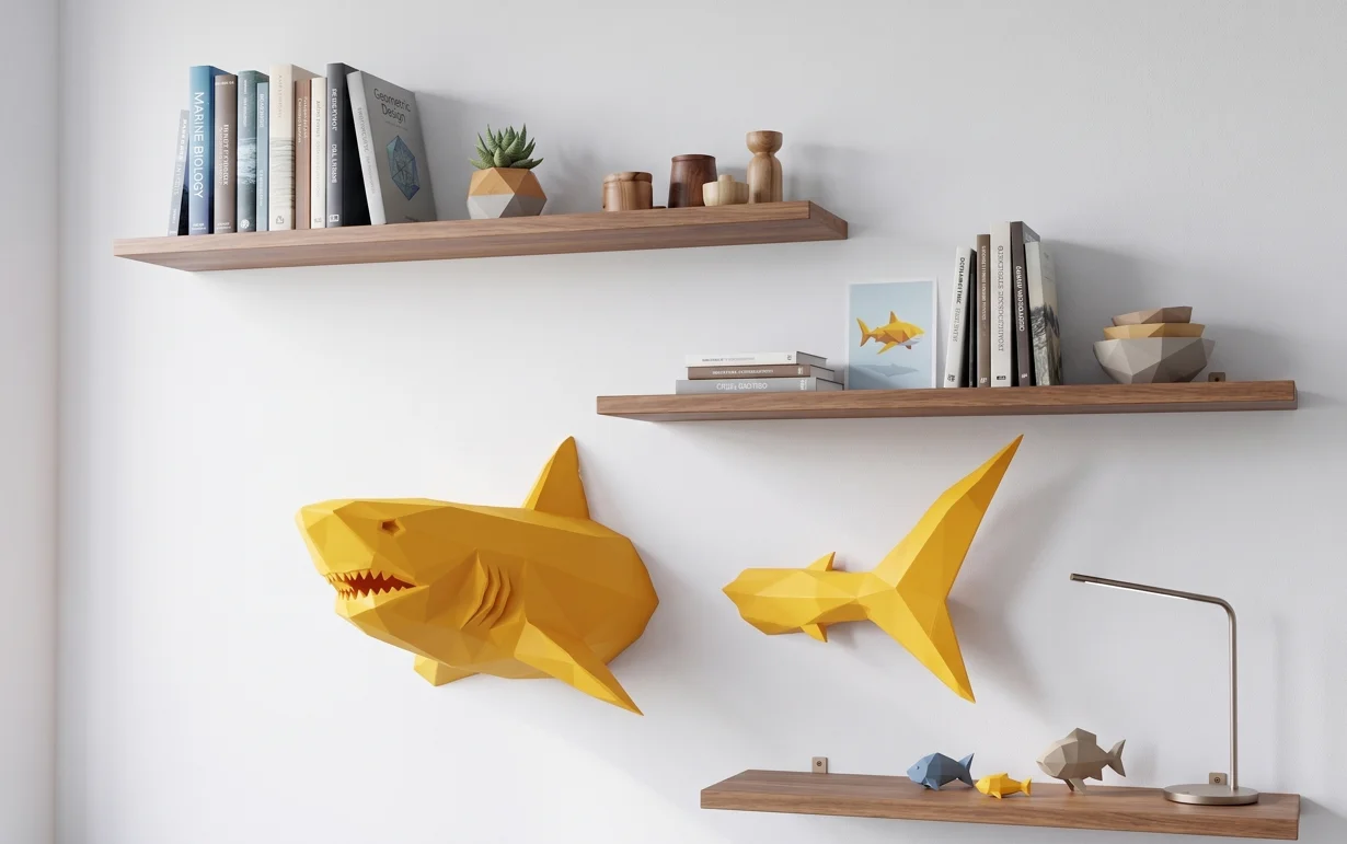 3D Great White Shark Swimming Through Wall Decor- Modern Minimalist Geometric Low-Poly Shark Wall Art