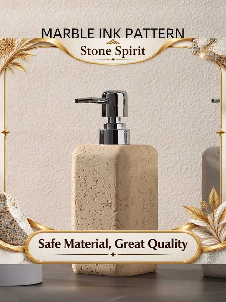 Retro Travertine Soap Dispenser | Vintage Refillable Pump Bottle | Luxury Stone Look Bath Decor | Shampoo & Lotion Organizer Set
