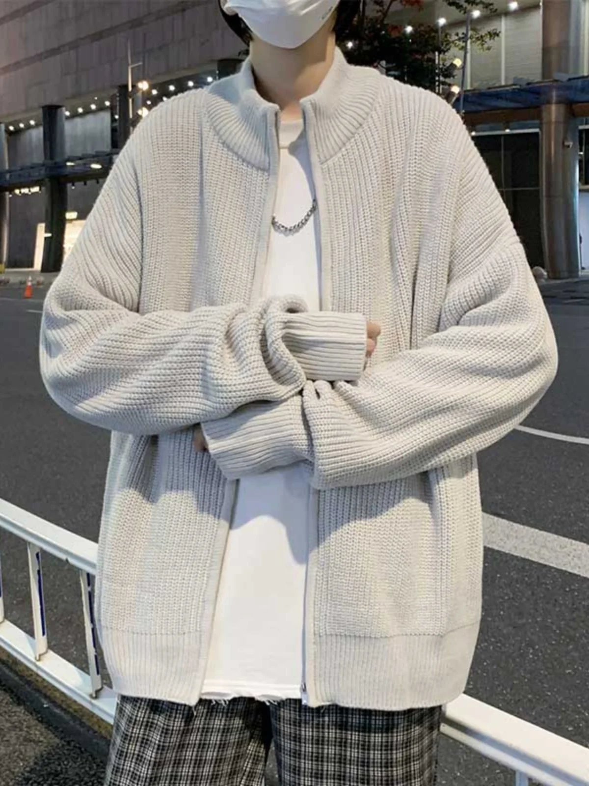 

Autumn Winter Men's Open Cardigan Sweater Loose f High Collar Vintage Versatile Teenage Color Knitted Outerwear