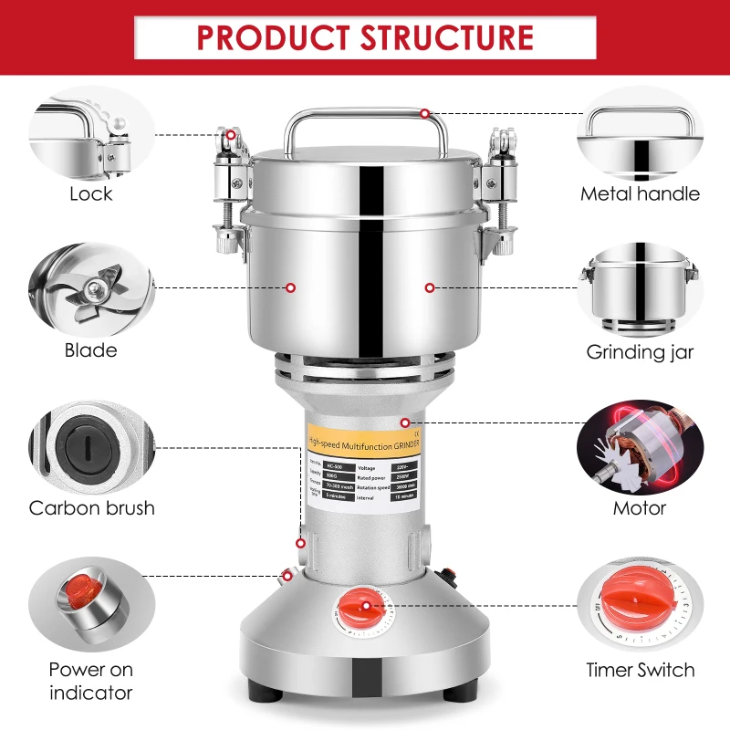 Electric Cereals,500g Electric Herb Grain Grinder Portable Grain Mill, 220V Electric Spice Mill 3 Blades 36000RPM Grain Mill