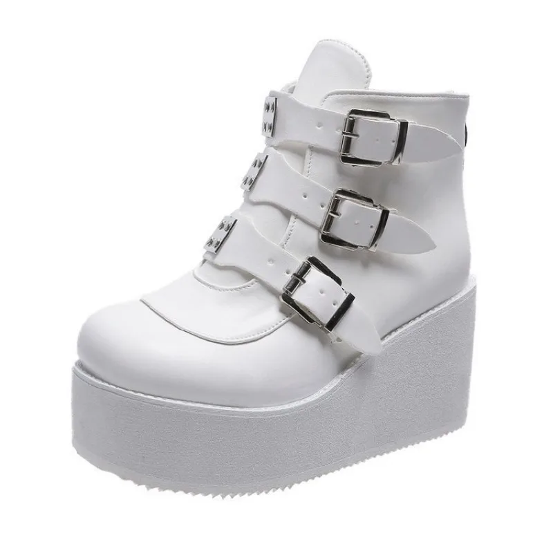 Women Round Toe Metal Bullet Gothic Punk Ankle Boots Shoes Belt Buckle Platform Chunky Heel Creepers Studded Boots Goth Shoes