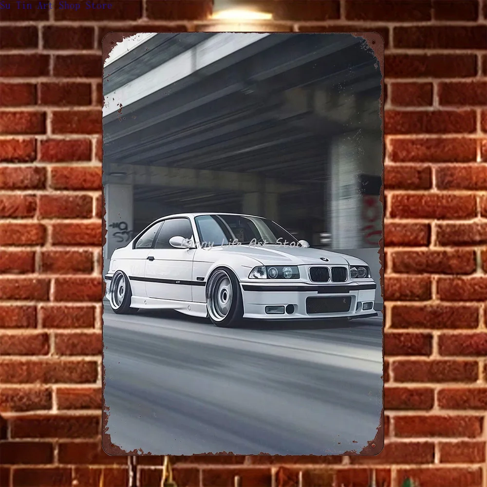 HD Metal Tin Sign - White Classic BMW E36 Sport Coupe Motion Blur Wall Art Decor for Garage Man Cave