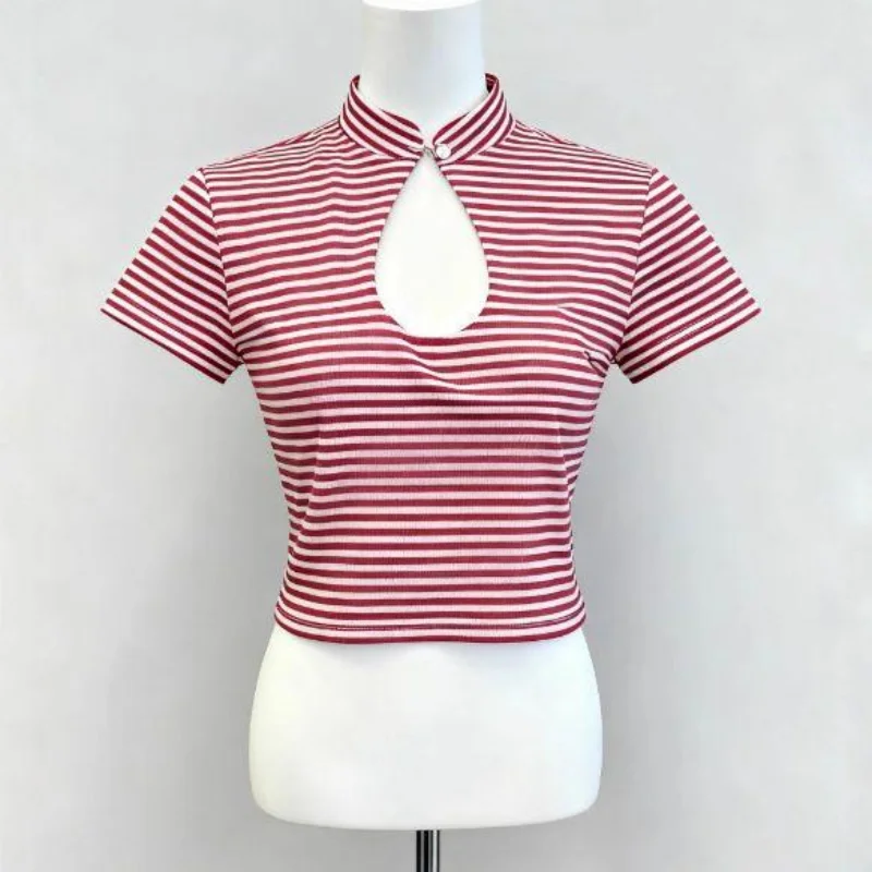 Y2k Crop Top Women Hot Girl Stripe Street Emo 2000s Cloth Summer Vintage Short Sleeve T-shirt Fashion Chic Classic Cute Baby Tee