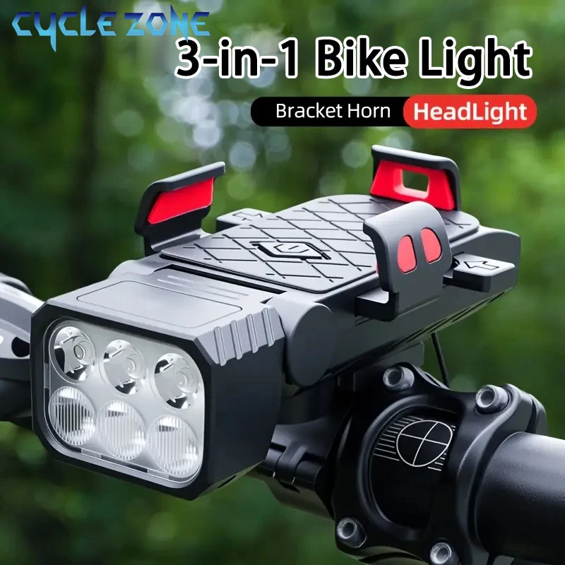 3-in-1 Bicycle Front Light with Horn & Phone Holder 6 LED Bike Light 2400mAh Bike Headlight Flashlight for Night Safety Riding