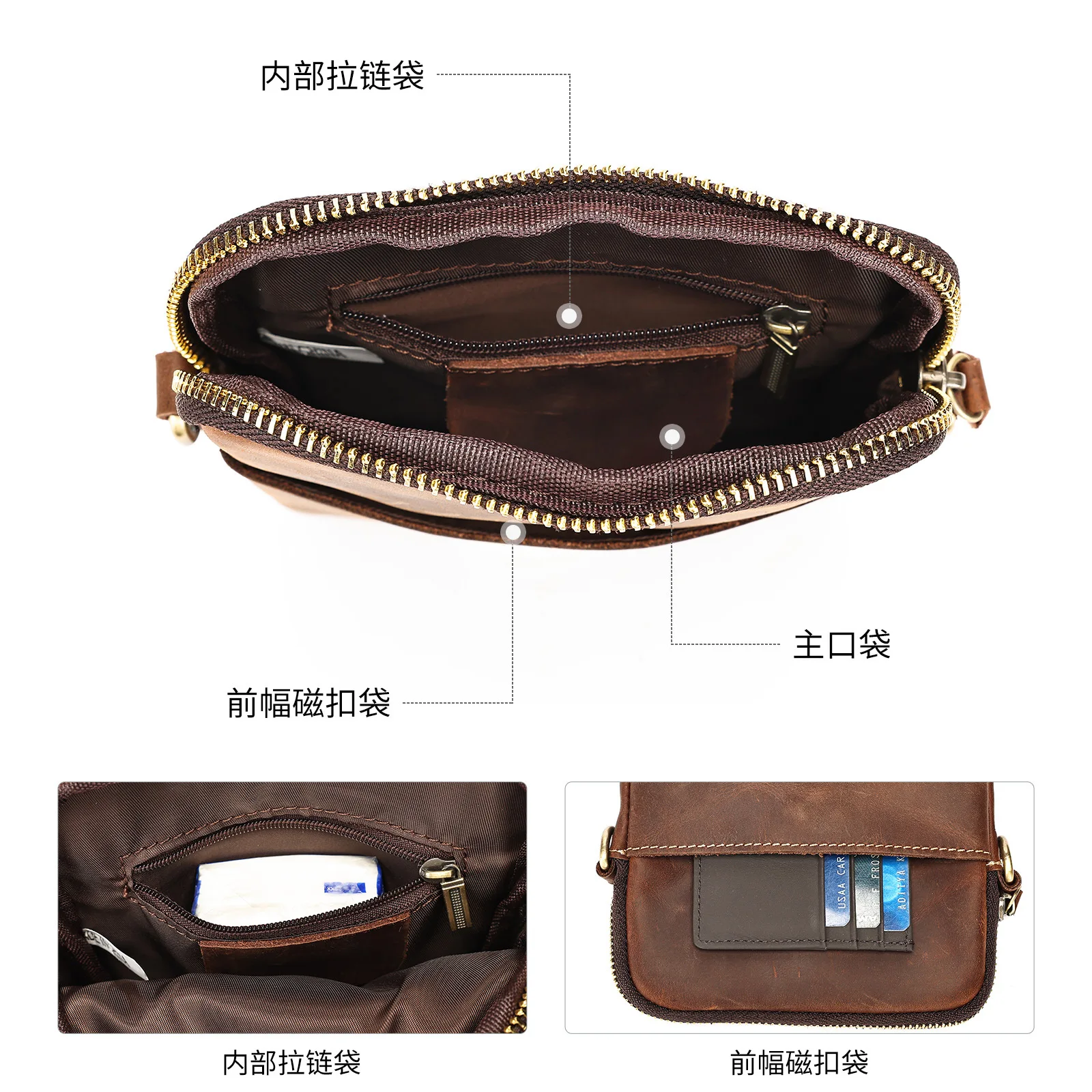 حقيبة هاتف أمريكية كلاسيكية من الجلد المحبب للرجال - محفظة صغيرة كلاسيكية بكتف واحد وخفيفة الوزن