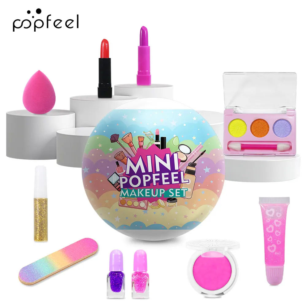 POPFEEL Mini Kids Makeup Gift Set with Lipsticks, Nail Polish, Blush, Eyeshadow, Lip Gloss, Makeup Sponge, Nail File & Glitter