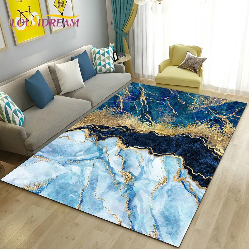 Colour Blue Gold White Marble Area Rug Large,Carpet Rug for Living Room Bedroom Sofa Doormat Decoration,kids Non-slip Floor Mat