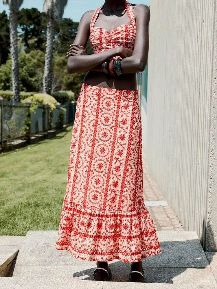 

European and American style summer new fashion women's clothing embroidery fashion temperament V-neck short top skirt suit