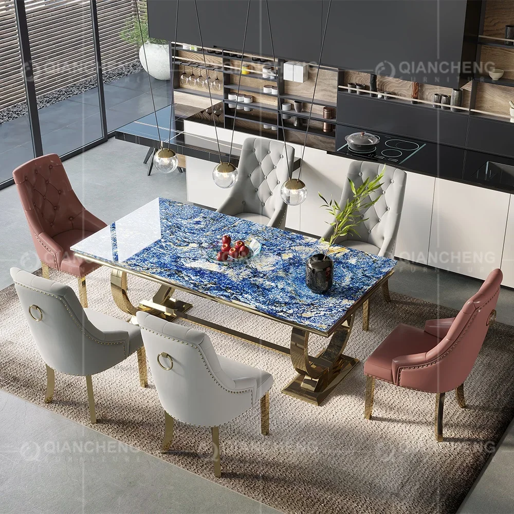 Luxury modern dining table grey faux marble top Europe design 8 seater marble dining set